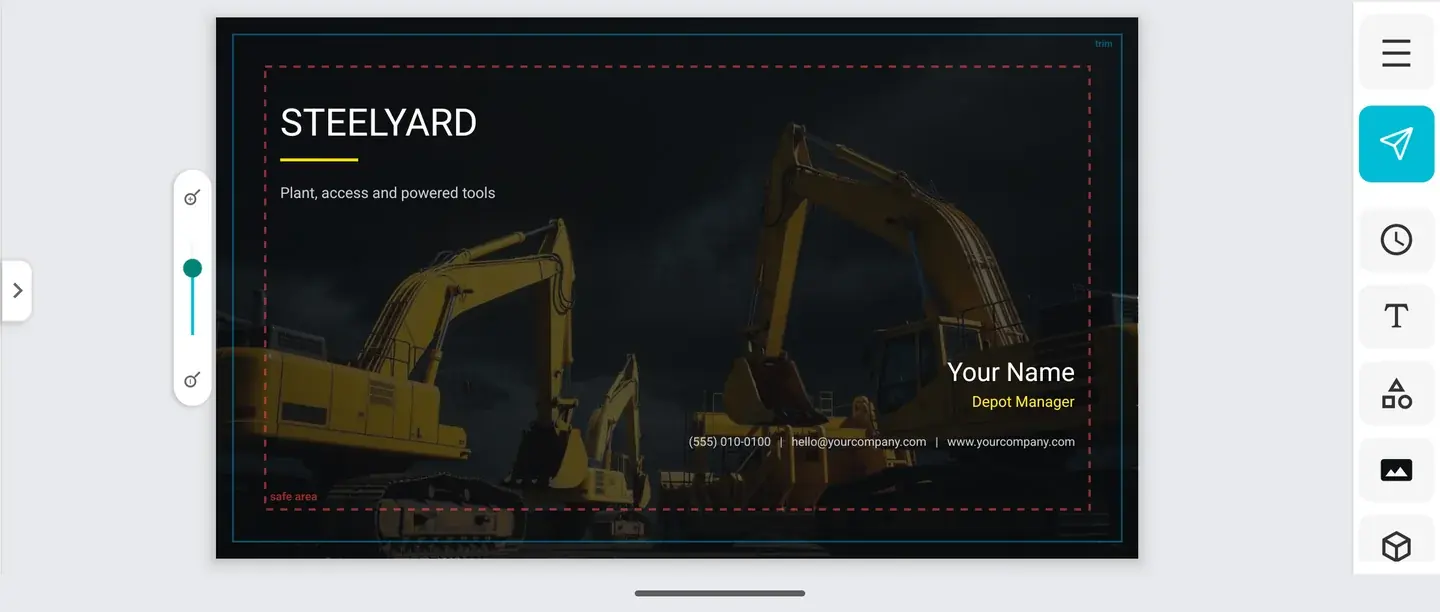 Real estate business card in the editor with brokerage and license lines inside the safe area