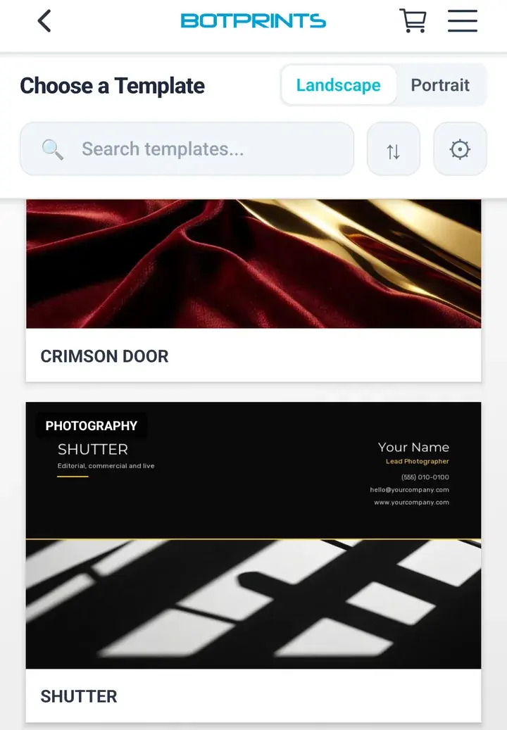 Template gallery showing business card designs for real estate agents